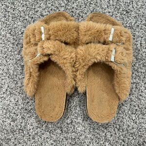 Faux Fur Slide Sandals in Camel
